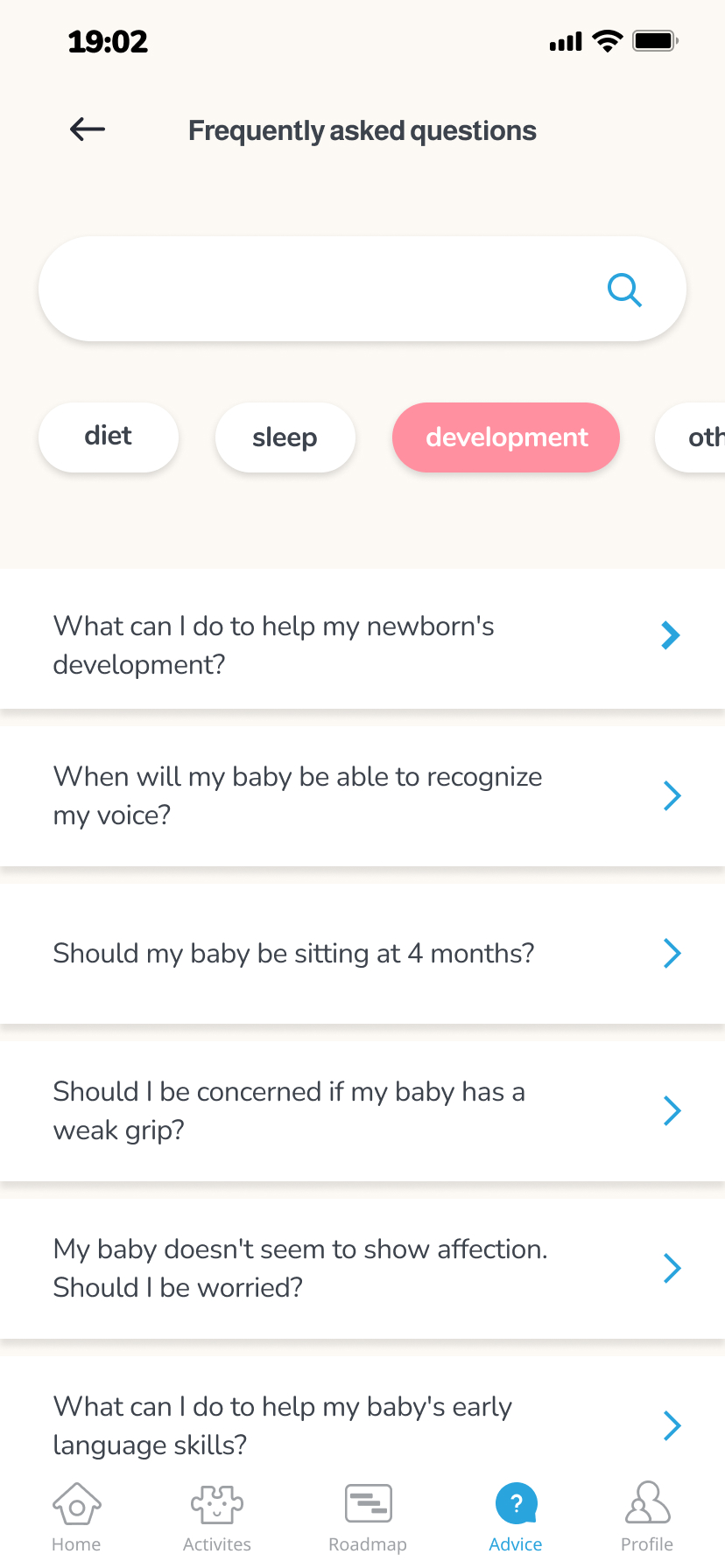 Parent support and advice screen